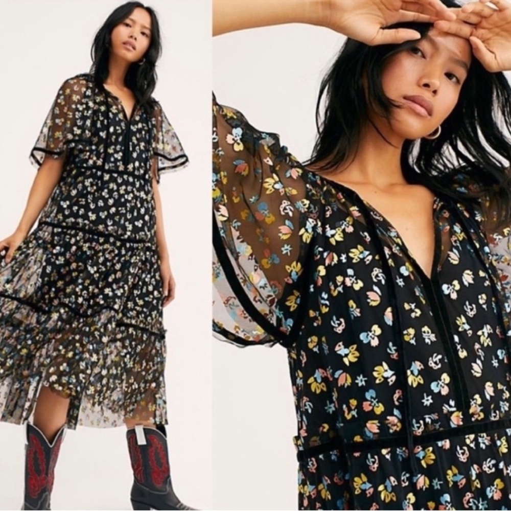 Free People Practical Magic Floral Print Mesh Midi Dress Black